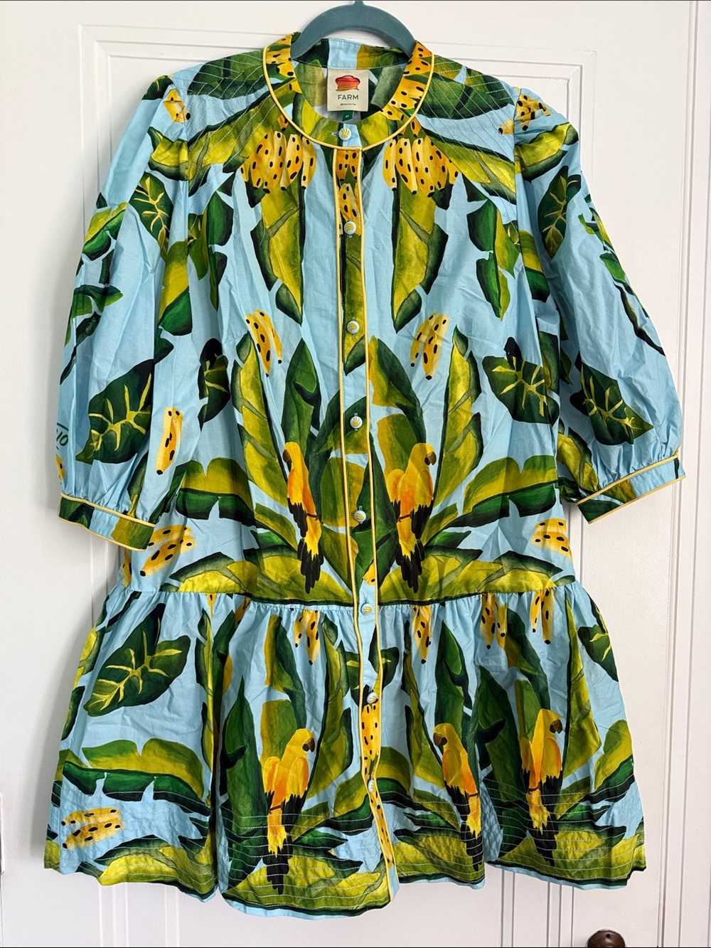 FARM Rio Light Blue Tropical Parrot Midi Dress with Green & Yellow Print